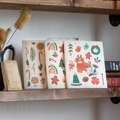 Reusable Swedish Sponge Cloths - Holly Jolly Christmas Print