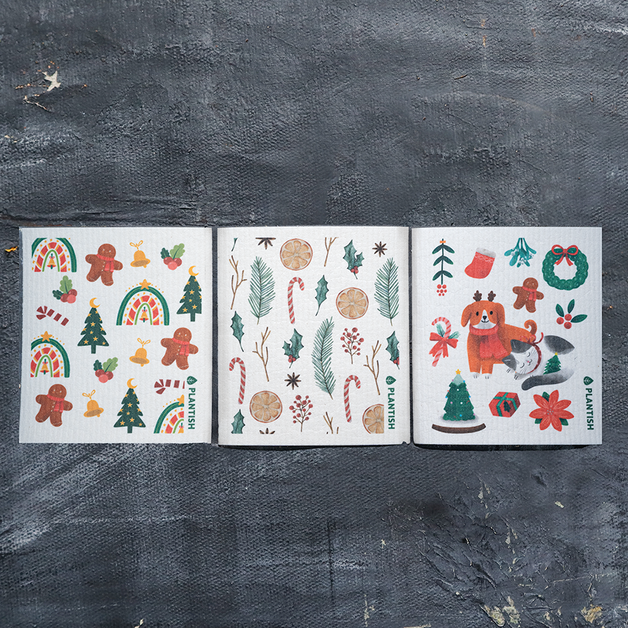Reusable Swedish Sponge Cloths - Holly Jolly Christmas Print