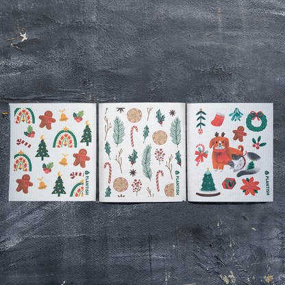 Reusable Swedish Sponge Cloths - Holly Jolly Christmas Print