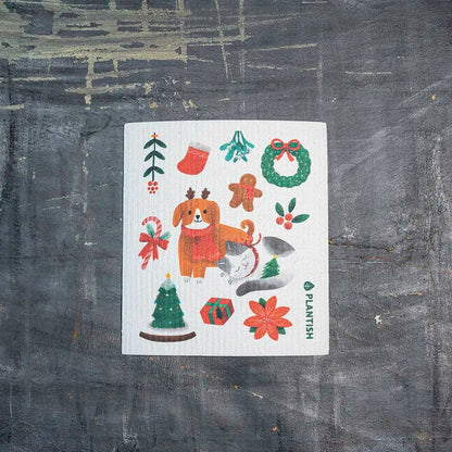 Reusable Swedish Sponge Cloths - Holly Jolly Christmas Print
