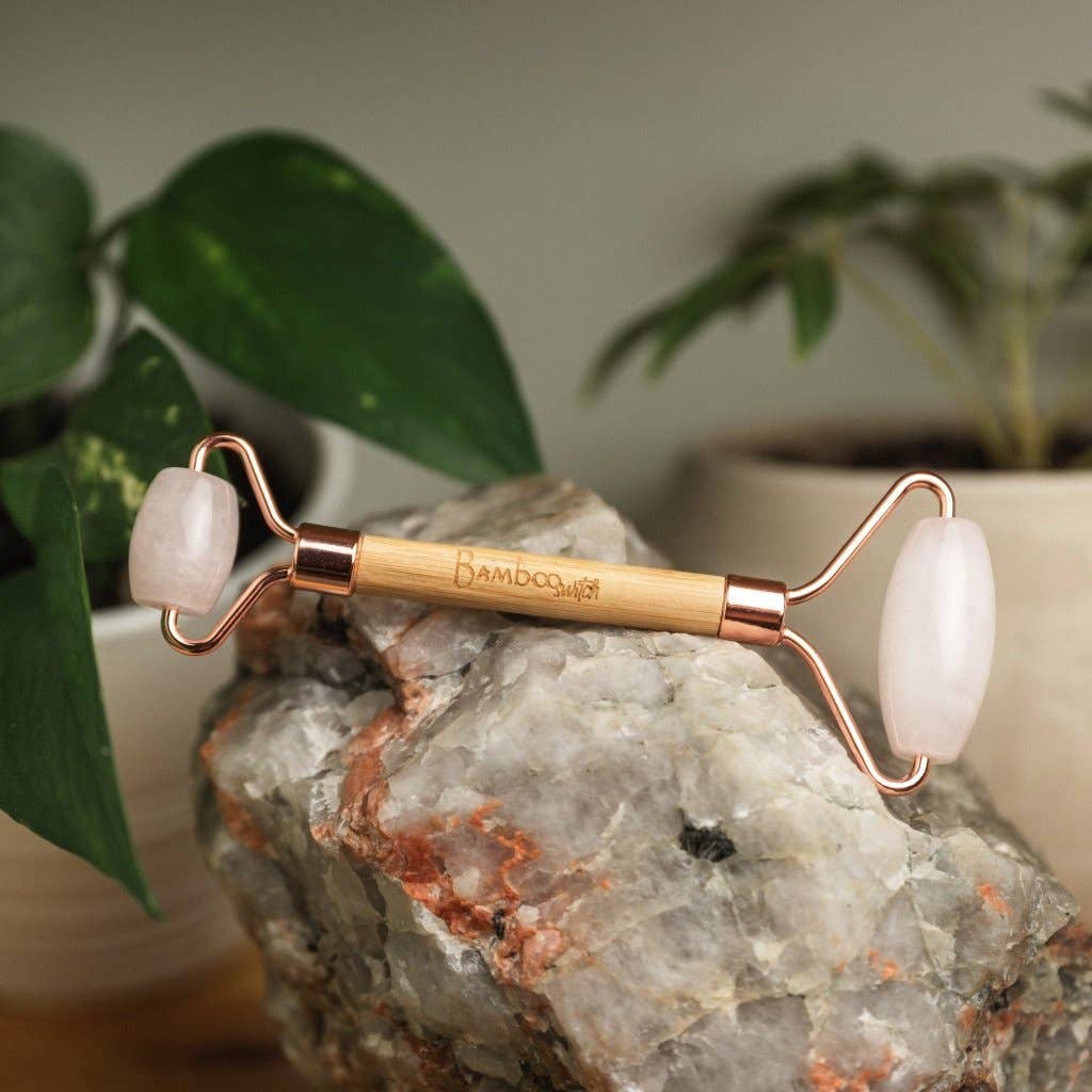 Rose Quartz Facial Massage Roller w/ Bamboo Handle